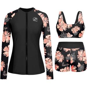 image:imageHolipick 3 Piece Rash Guard Swimsuits for Women  UPF 50 Long Sleeve Zipper Swim Shirt with Bra amp BoyshortsOrange Floral