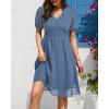 image:imageHolipick Women Summer Casual Dress Boho Floral V Neck Short Sleeves Smocked Waist Chiffon Swing Knee Length DressesDusty Blue