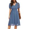 image:imageHolipick Women Summer Casual Dress Boho Floral V Neck Short Sleeves Smocked Waist Chiffon Swing Knee Length DressesDusty Blue