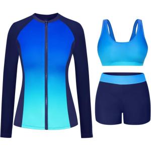 image:imageHolipick 3 Piece Rash Guard for Women  UPF 50 Long Sleeve Swimsuits Modest Bathing Suit with Bra amp ShortsBlue Gradient