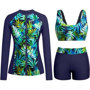 image:imageHolipick 3 Piece Rash Guard for Women  UPF 50 Long Sleeve Swimsuits Modest Bathing Suit with Bra amp ShortsBlue and Green Leaves