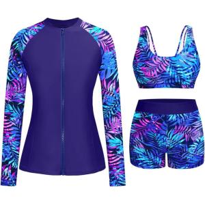 image:imageHolipick 3 Piece Rash Guard for Women  UPF 50 Long Sleeve Swimsuits Modest Bathing Suit with Bra amp ShortsBlue and Purple Leaves