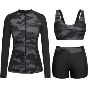 image:imageHolipick 3 Piece Rash Guard for Women  UPF 50 Long Sleeve Swimsuits Modest Bathing Suit with Bra amp ShortsCamo