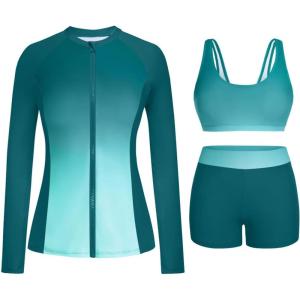 image:imageHolipick 3 Piece Rash Guard for Women  UPF 50 Long Sleeve Swimsuits Modest Bathing Suit with Bra amp ShortsGreen Gradient