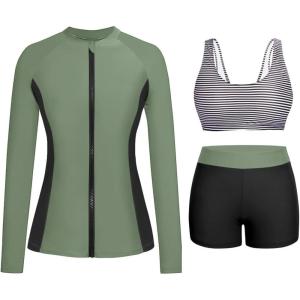 image:imageHolipick 3 Piece Rash Guard for Women  UPF 50 Long Sleeve Swimsuits Modest Bathing Suit with Bra amp ShortsGreen Stripe