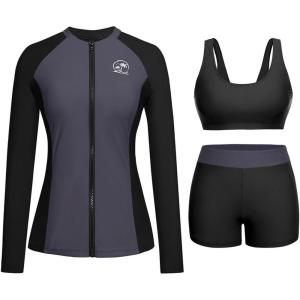 image:imageHolipick 3 Piece Rash Guard for Women  UPF 50 Long Sleeve Swimsuits Modest Bathing Suit with Bra amp ShortsGrey and Black
