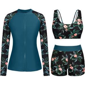 image:imageHolipick 3 Piece Rash Guard for Women  UPF 50 Long Sleeve Swimsuits Modest Bathing Suit with Bra amp ShortsTeal and Floral