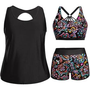 image:imageHolipick Women Plus Size 3 Piece Tankini Swimsuits Athletic Bathing Suits with ShortsColorful Paisley