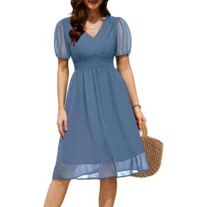 image:imageHolipick Women Summer Casual Dress Boho Floral V Neck Short Sleeves Smocked Waist Chiffon Swing Knee Length DressesDusty Blue