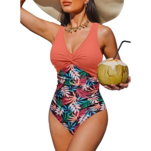image:imageHolipick Women Tummy Control One Piece Swimsuit  Push Up Bathing Suit Full Coverage Slimming SwimwearCoral Pink Leaf