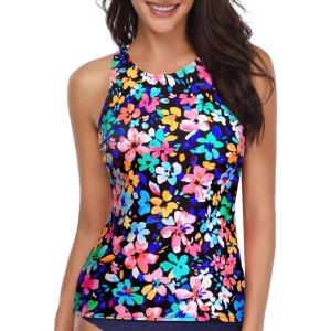 image:imageHolipick High Neck Tankini Top Bathing Suit Tops for Women Tummy Control Tank Tops SwimsuitsPink Colorful Flower
