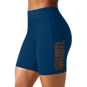 image:image7 Swim Shorts Women  High Waisted Swimsuit Shorts Tummy Control Bathing Suit Lace Bottom with LinerPeacock Blue