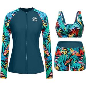 image:imageHolipick Long Sleeve Swimsuits for Women  3 Piece Rash Guard with Shorts Zipper SPF Swim Shirt with Built in BraTeal Lesves