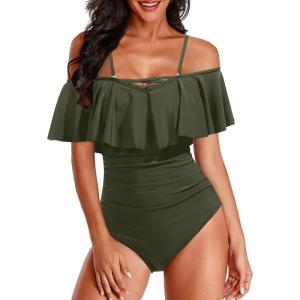 image:imageHolipick Women Off Shoulder One Piece Swimsuits Tummy Control Bathing Suits Vintage Ruffle Swimwear