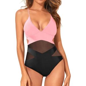 image:imageHolipick Women Sexy One Piece Swimsuits Mesh High Waisted Bathing Suits Plunge V Neck Monokini Cutout Swimwear