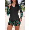 image:imageHolipick Long Sleeve Swimsuits for Women  3 Piece Rash Guard with Shorts Zipper SPF Swim Shirt with Built in BraBlack Leaf