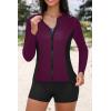 image:imageHolipick Long Sleeve Swimsuits for Women  3 Piece Rash Guard with Shorts Zipper SPF Swim Shirt with Built in BraPurple Leaves
