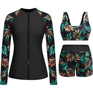 image:imageHolipick Long Sleeve Swimsuits for Women  3 Piece Rash Guard with Shorts Zipper SPF Swim Shirt with Built in BraBlack Leaf