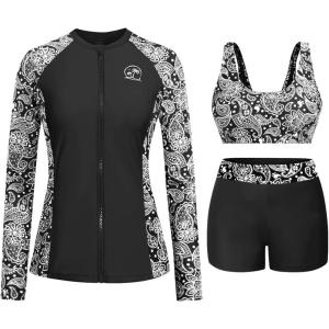 image:imageHolipick Long Sleeve Swimsuits for Women  3 Piece Rash Guard with Shorts Zipper SPF Swim Shirt with Built in BraBlack Paisley