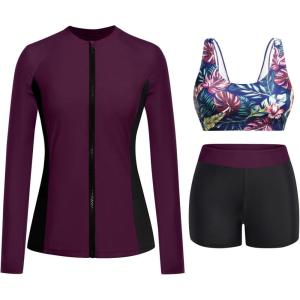 image:imageHolipick Long Sleeve Swimsuits for Women  3 Piece Rash Guard with Shorts Zipper SPF Swim Shirt with Built in BraPurple Leaves