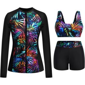 image:imageHolipick Long Sleeve Swimsuits for Women  3 Piece Rash Guard with Shorts Zipper SPF Swim Shirt with Built in BraRainbow Leaf