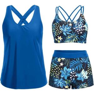 image:imageHolipick 3 Piece Tankini Swimsuits for Women Tummy Control Bathing Suits Swim Tank Top with Bra Boy Shorts Teen Swimwear 2026Blue Floral2