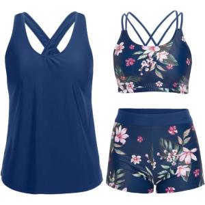 image:imageHolipick 3 Piece Tankini Swimsuits for Women Tummy Control Bathing Suits Swim Tank Top with Bra Boy Shorts Teen Swimwear 2026Blue Floral3