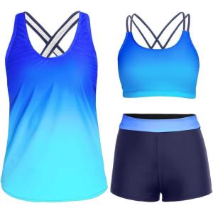 image:imageHolipick 3 Piece Tankini Swimsuits for Women Tummy Control Bathing Suits Swim Tank Top with Bra Boy Shorts Teen Swimwear 2026Blue Gradient