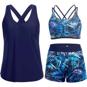 image:imageHolipick 3 Piece Tankini Swimsuits for Women Tummy Control Bathing Suits Swim Tank Top with Bra Boy Shorts Teen Swimwear 2026Blue Leaves