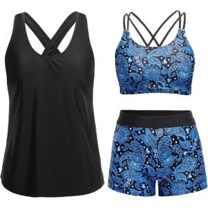 image:imageHolipick 3 Piece Tankini Swimsuits for Women Tummy Control Bathing Suits Swim Tank Top with Bra Boy Shorts Teen Swimwear 2026Blue Paisley