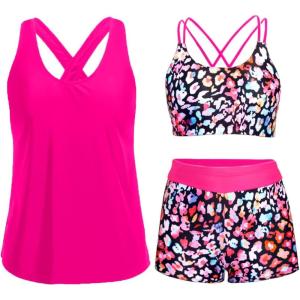 image:imageHolipick 3 Piece Tankini Swimsuits for Women Tummy Control Bathing Suits Swim Tank Top with Bra Boy Shorts Teen Swimwear 2026Colorful Leopard