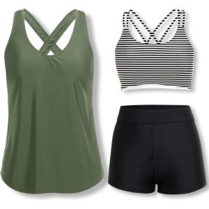image:imageHolipick 3 Piece Tankini Swimsuits for Women Tummy Control Bathing Suits Swim Tank Top with Bra Boy Shorts Teen Swimwear 2026Green Black Striped