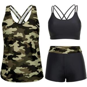 image:imageHolipick 3 Piece Tankini Swimsuits for Women Tummy Control Bathing Suits Swim Tank Top with Bra Boy Shorts Teen Swimwear 2026Green Camo and Black