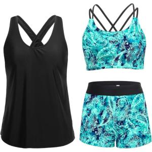 image:imageHolipick 3 Piece Tankini Swimsuits for Women Tummy Control Bathing Suits Swim Tank Top with Bra Boy Shorts Teen Swimwear 2026Green Paisley