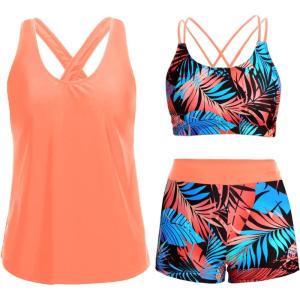image:imageHolipick 3 Piece Tankini Swimsuits for Women Tummy Control Bathing Suits Swim Tank Top with Bra Boy Shorts Teen Swimwear 2026Orange and Leaves