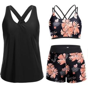 image:imageHolipick 3 Piece Tankini Swimsuits for Women Tummy Control Bathing Suits Swim Tank Top with Bra Boy Shorts Teen Swimwear 2026Pink Floral