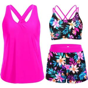 image:imageHolipick 3 Piece Tankini Swimsuits for Women Tummy Control Bathing Suits Swim Tank Top with Bra Boy Shorts Teen Swimwear 2026Pink Flower