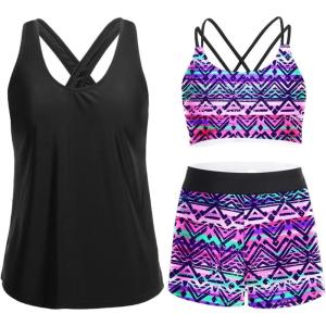 image:imageHolipick 3 Piece Tankini Swimsuits for Women Tummy Control Bathing Suits Swim Tank Top with Bra Boy Shorts Teen Swimwear 2026Tribal