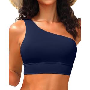 image:imageHolipick Women One Shoulder Bikini Tops Only Bathing Suit Top Sports Bra Swim Tops Longline Crop Top for Teen GirlsNavy Blue