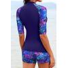 image:imageHolipick Women 2 Piece Rash Guard SwimsuitShort Sleeve Swim Shirt with Shorts Full Zipper SPF Modest SwimwearBlue Purple Leaves