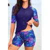 image:imageHolipick Women 2 Piece Rash Guard SwimsuitShort Sleeve Swim Shirt with Shorts Full Zipper SPF Modest SwimwearBlue Purple Leaves