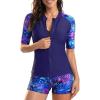 image:imageHolipick Women 2 Piece Rash Guard SwimsuitShort Sleeve Swim Shirt with Shorts Full Zipper SPF Modest SwimwearBlue Purple Leaves