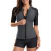 image:imageHolipick Women 2 Piece Rash Guard SwimsuitShort Sleeve Swim Shirt with Shorts Full Zipper SPF Modest SwimwearGray and Black
