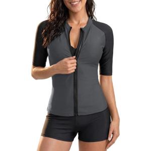 image:imageHolipick Women 2 Piece Rash Guard SwimsuitShort Sleeve Swim Shirt with Shorts Full Zipper SPF Modest SwimwearGray and Black