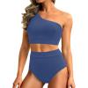 image:imageHolipick Women One Shoulder High Waisted Bikini Set Two Piece Tummy Control Swimsuits Full Coverage Bathing SuitGrayish Blue