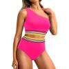 image:imageHolipick Women One Shoulder High Waisted Bikini Set Two Piece Tummy Control Swimsuits Full Coverage Bathing SuitPink Colorful Woven