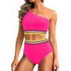 image:imageHolipick Women One Shoulder High Waisted Bikini Set Two Piece Tummy Control Swimsuits Full Coverage Bathing SuitPink Colorful Woven