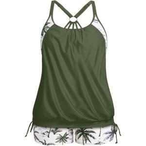 image:imageHolipick Plus Size Tankini Swimsuits for Women Two Piece Tummy Control Bathing Suit Blouson Tankini Top with ShortsGreen Palm Tree
