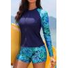 image:imageHolipick Long Sleeve Swimsuits for Women  3 Piece Rash Guard with Shorts Zipper SPF Swim Shirt with Built in BraNavy Leaves