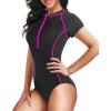 image:imageHolipick Short Sleeve Rash Guard for Women  Modest One Piece Swimsuit UPF 50 Zipper Bathing SuitBlack and Pink